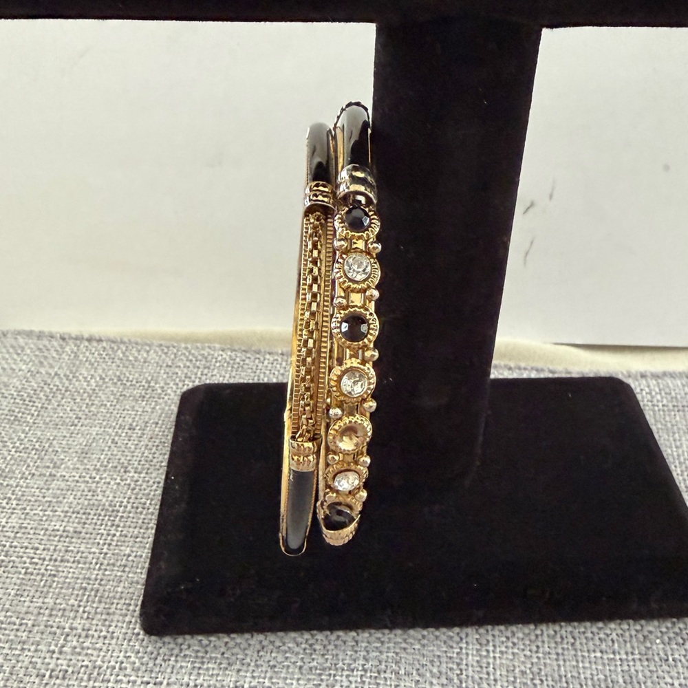 Gold Tone & Black Enamel Bangle Bracelets Set | Textured Stackable Bangles - Picture 4 of 5